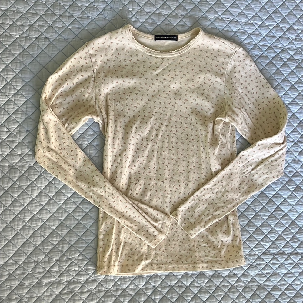 Brandy Melville Cream Floral Fitted Long Sleeve Tee